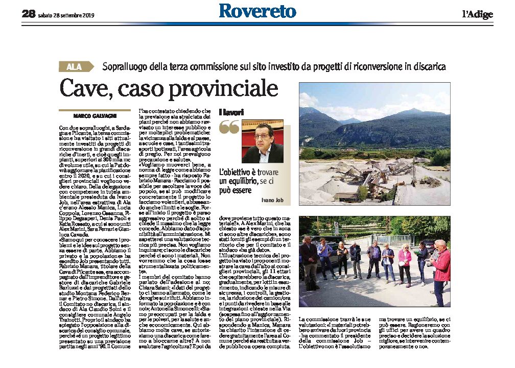 Ala, cava di Pilcante: caso provinciale, sopralluogo sul sito investito da progetti di riconversione in discarica