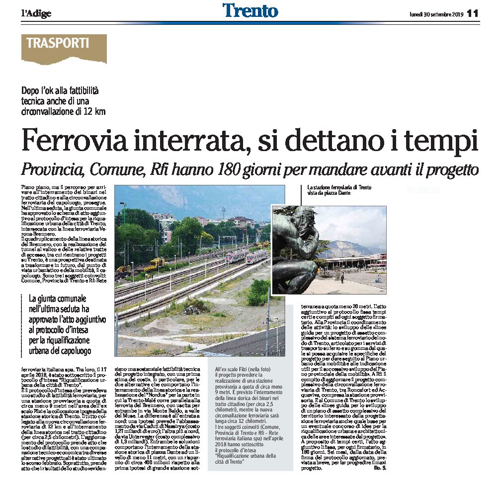 Trento, ferrovia interrata: si dettano i tempi. 180 giorni per mandare avanti il progetto