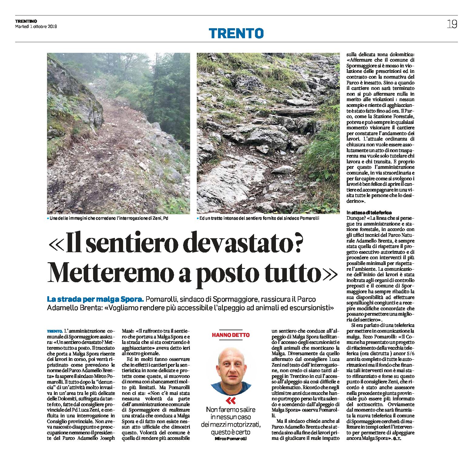 Parco Adamello Brenta: il sindaco di Spormaggiore “sentiero devastato? Metteremo a posto tutto”