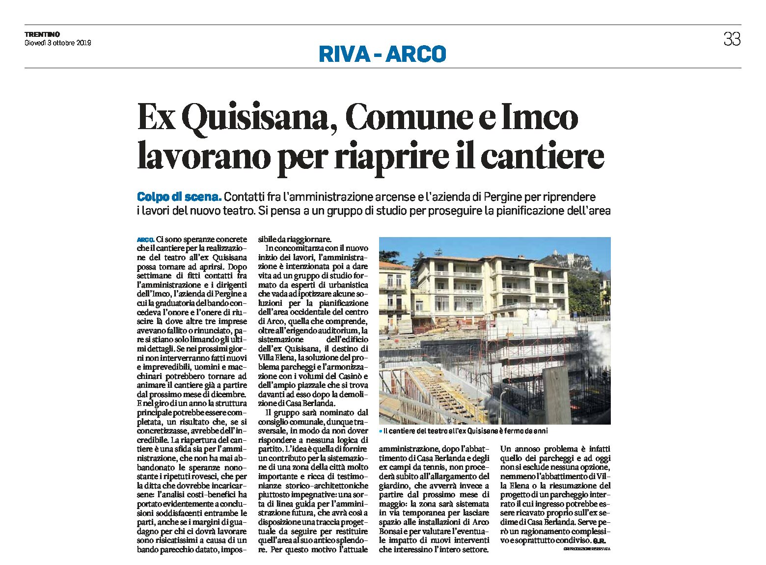 Arco, Quisisana: Comune e Imco lavorano per riaprire il cantiere del nuovo teatro