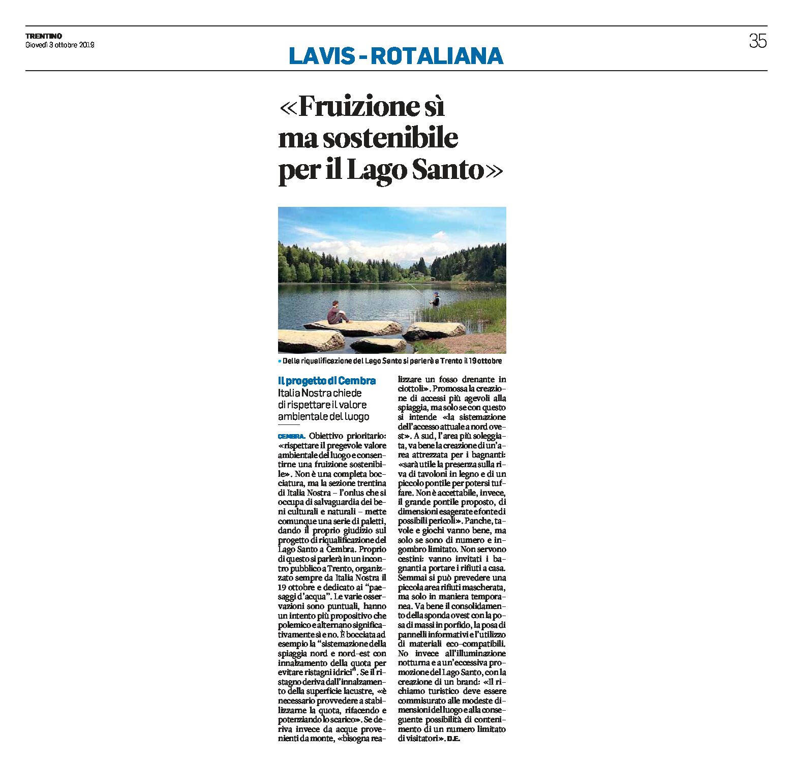 Lago santo: Italia Nostra “fruizione sì ma sostenibile per il lago”