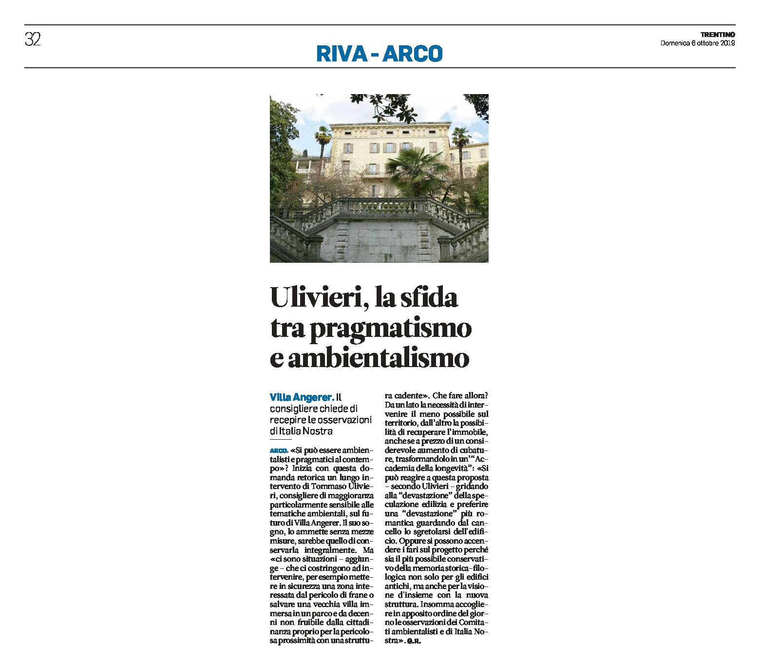 Arco, Villa Angerer: Ulivieri chiede di recepire le osservazioni di Italia Nostra
