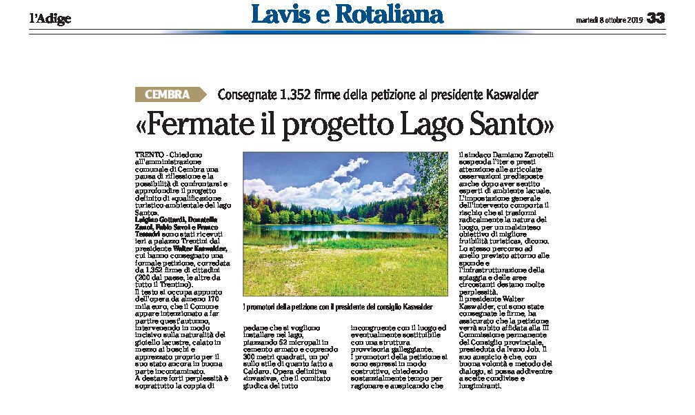 Lago santo: fermate il progetto. Consegnate 1352 firme a Kaswalder