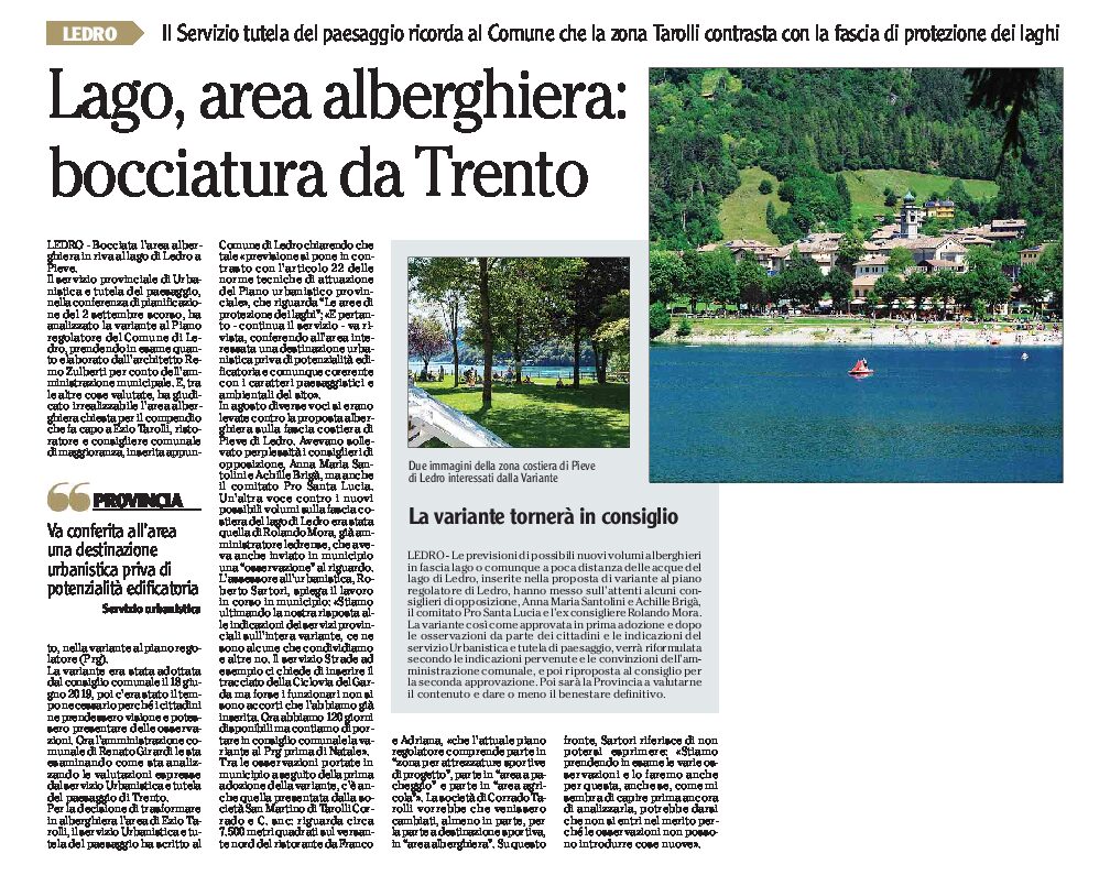Lago di Ledro: bocciata da Trento l’area alberghiera