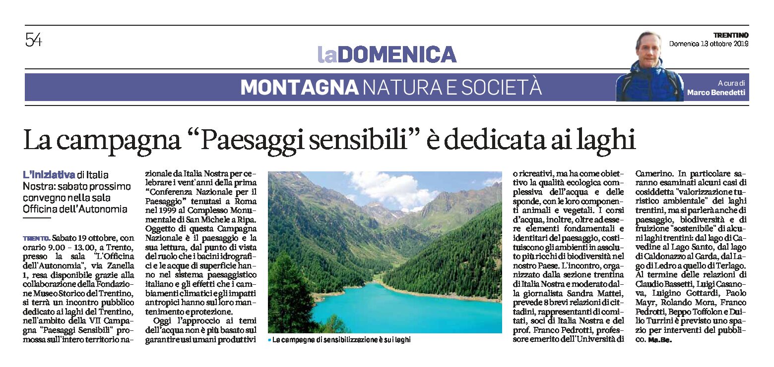 La campagna nazionale “Paesaggi sensibili” è dedicata ai laghi. Iniziativa di Italia Nostra, sabato 19 ottobre a Trento