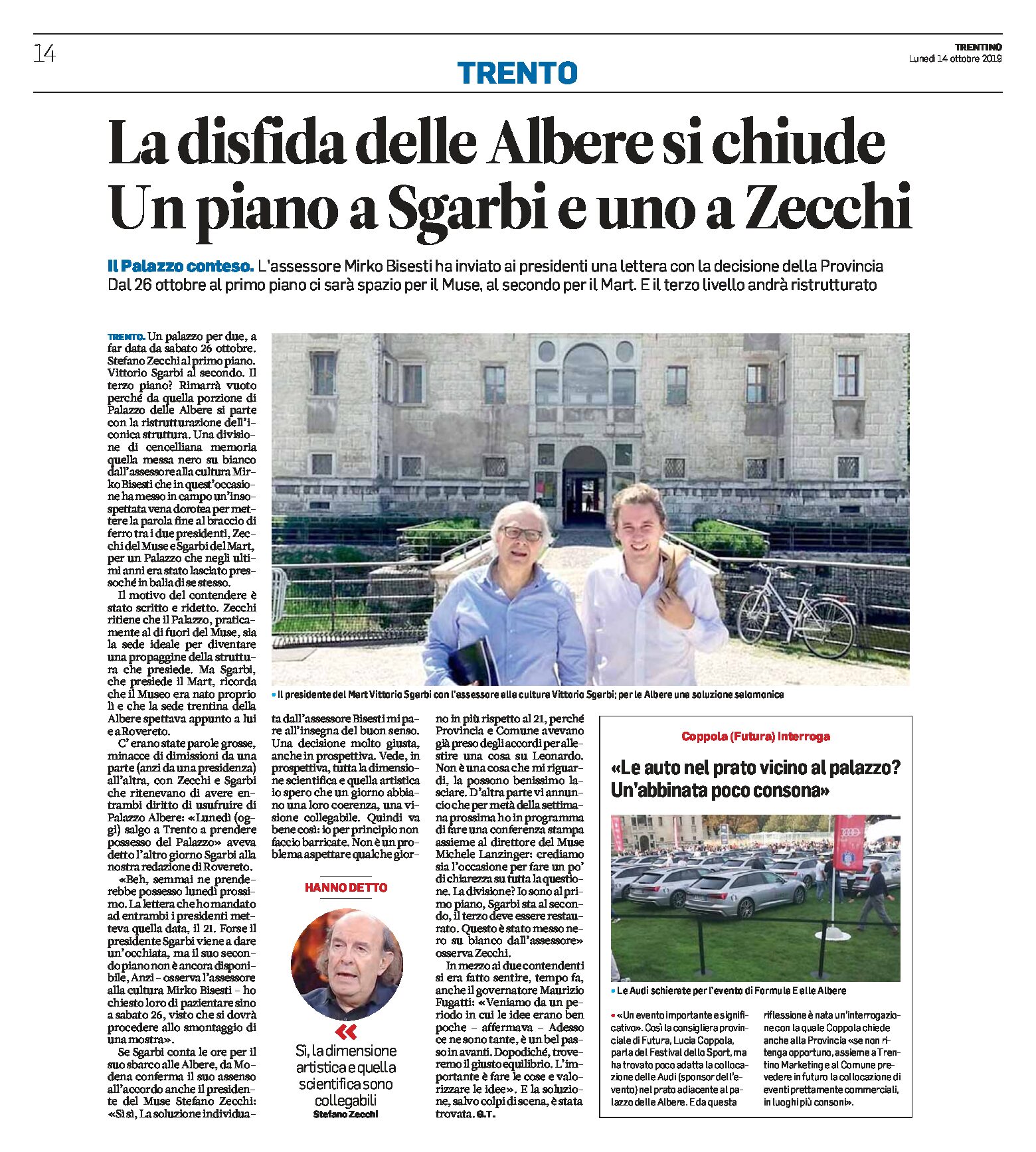 Trento, Palazzo delle Albere: un piano per Sgarbi e un piano per Zecchi. E le Audi parcheggiate davanti al palazzo?