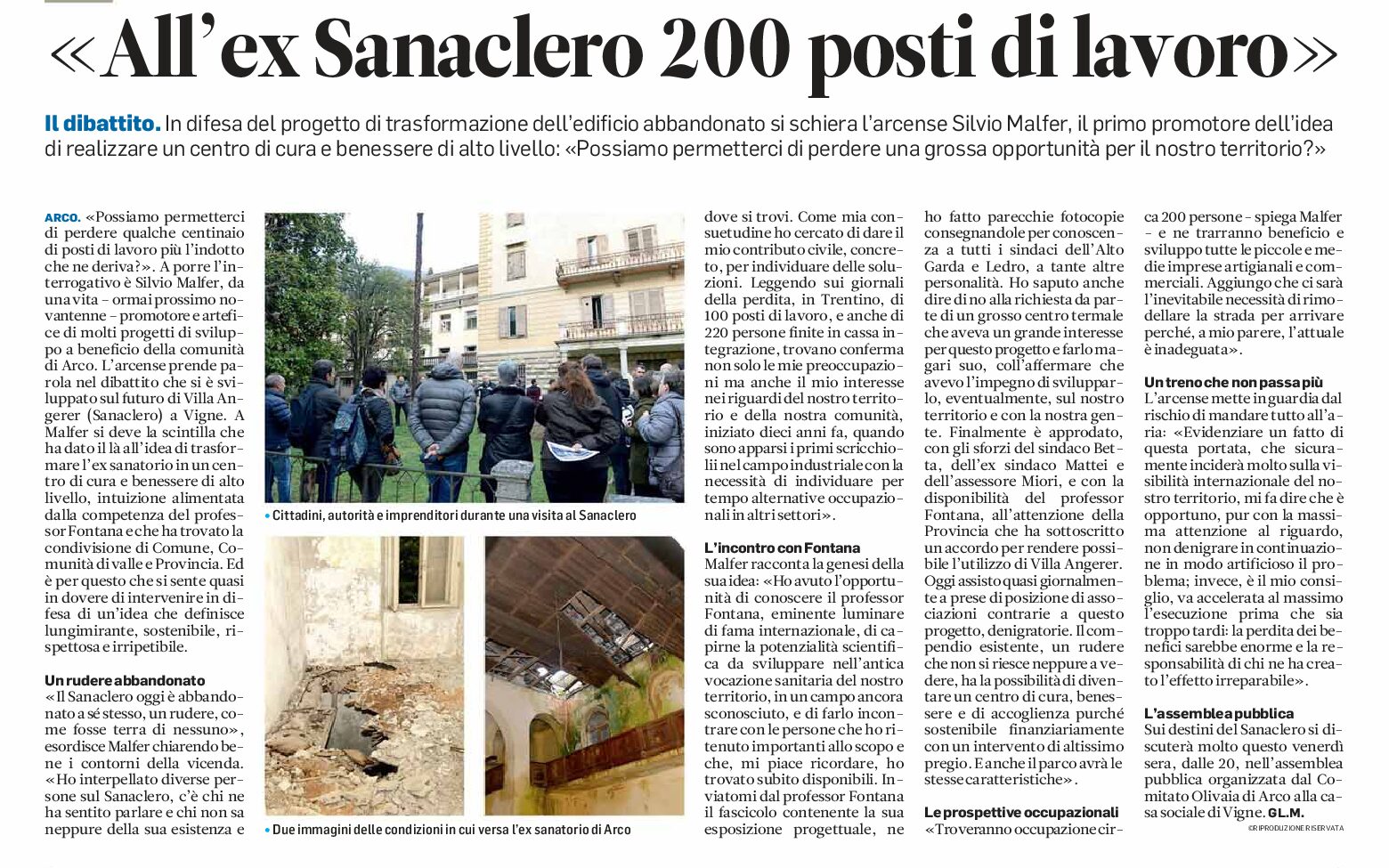 Arco ex Sanaclero: 200 posti di lavoro. Assemblea pubblica venerdì 18 ottobre alle 20, alla casa sociale di Vigne