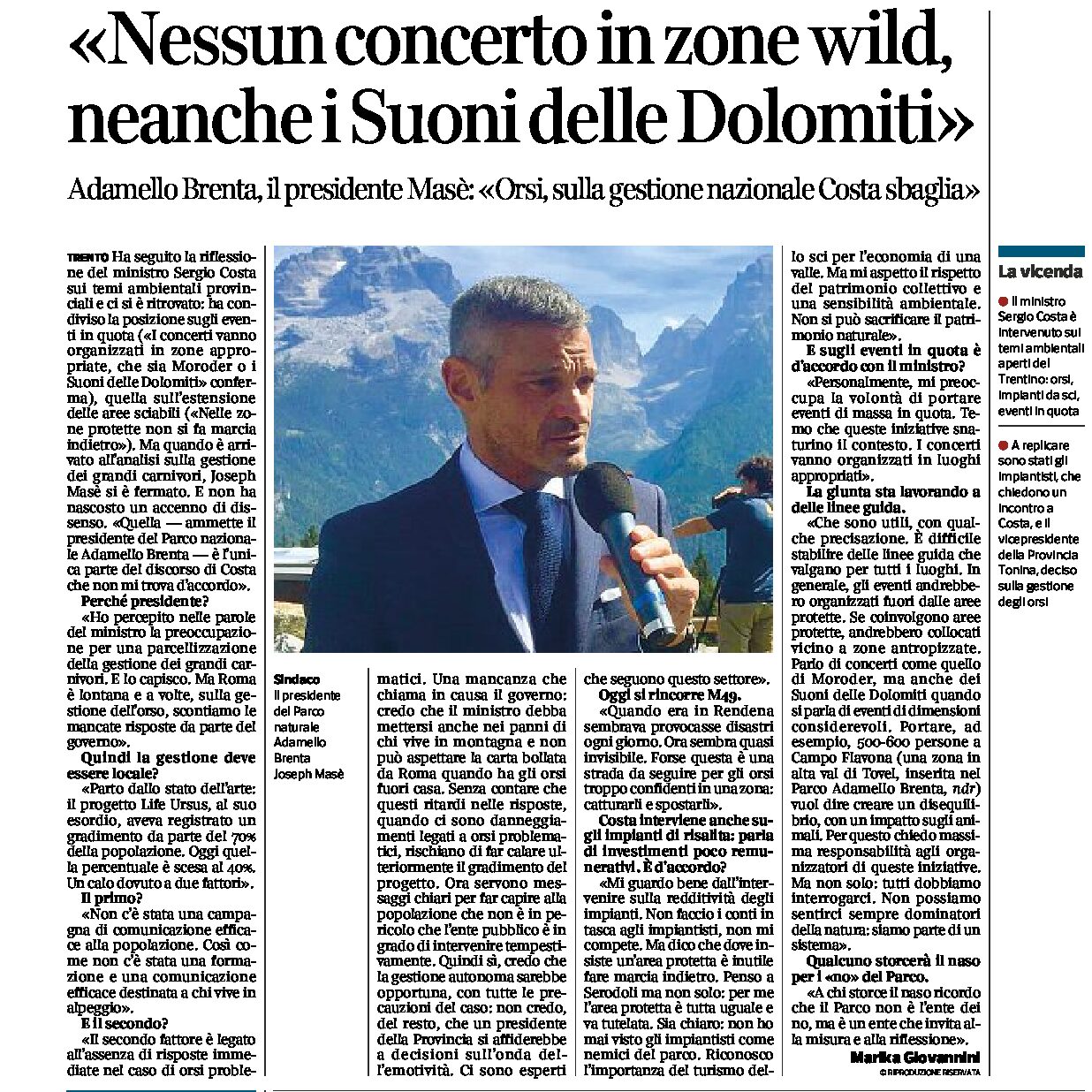 Parco Adamello Brenta: intervista al presidente Masè “nessun concerto in zone wild”