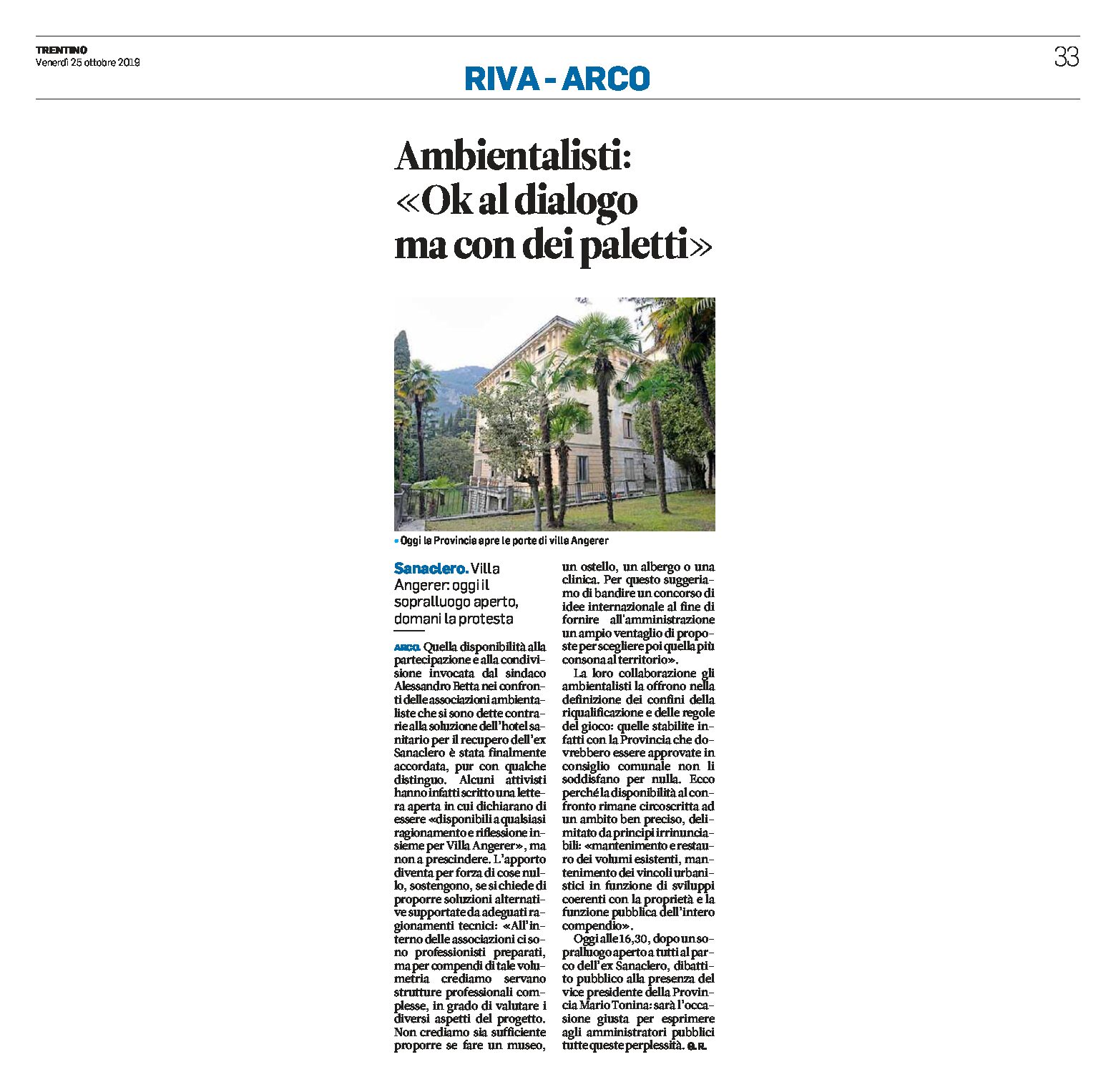 Arco, villa Angerer: ambientalisti “ok al dialogo ma con dei paletti”