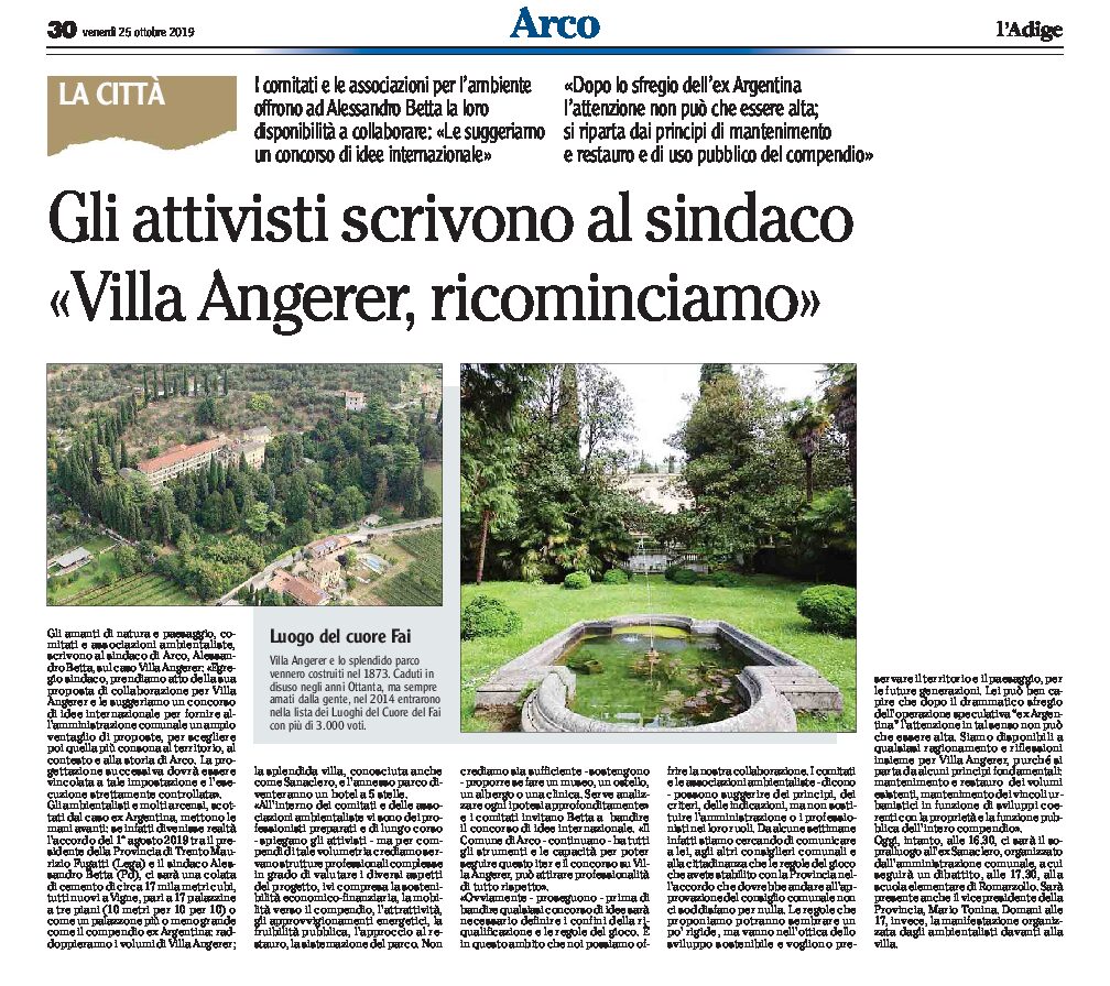Arco: comitati e associazioni ambientaliste scrivono al sindaco “villa Angerer, ricominciamo”