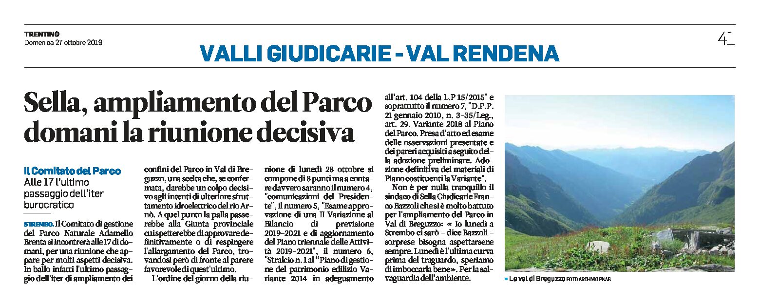 Adamello Brenta: ampliamento del Parco in val di Breguzzo, domani la riunione decisiva