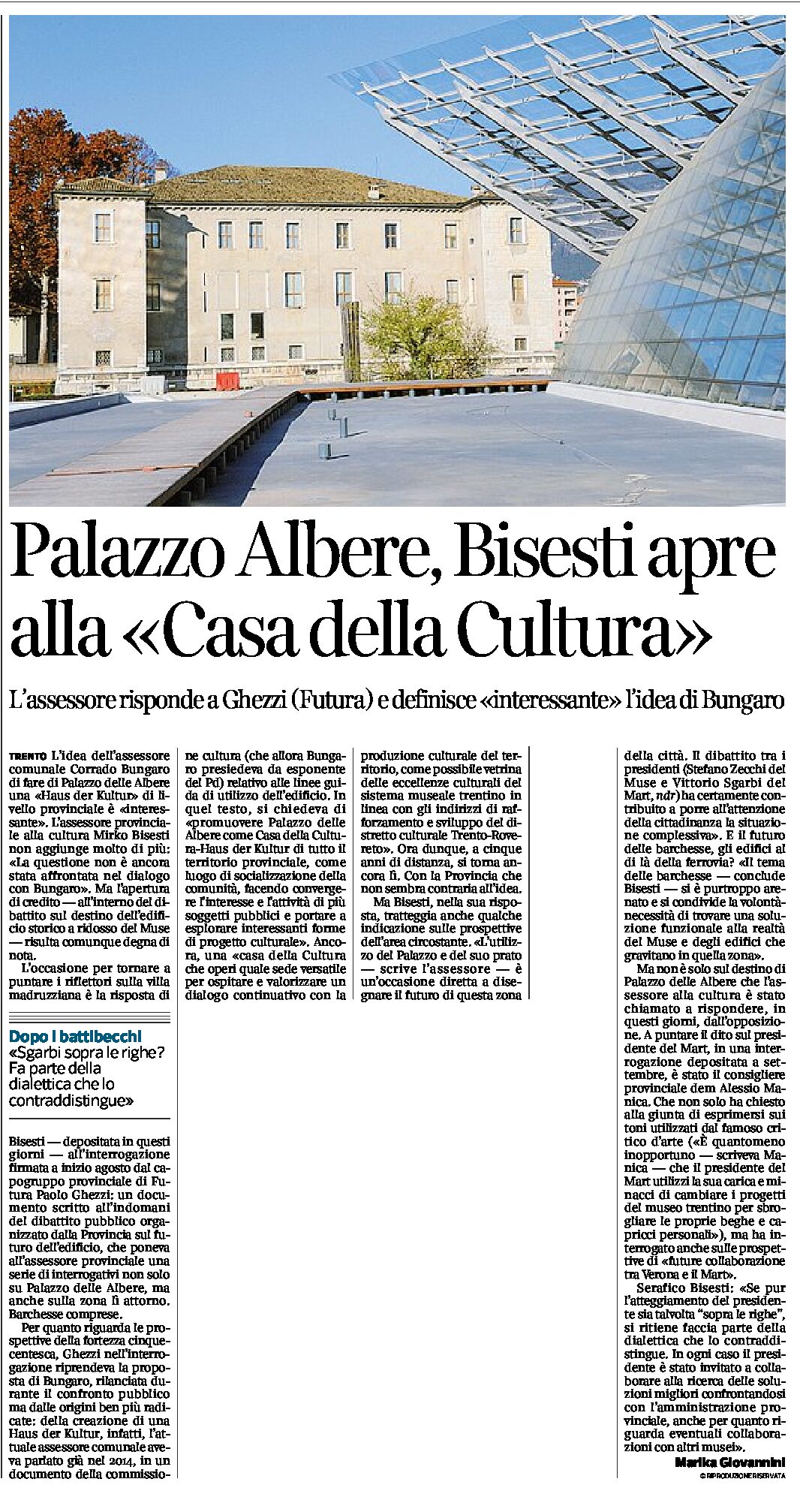 Trento, Palazzo delle Albere: Bisesti apre alla “Casa della Cultura”