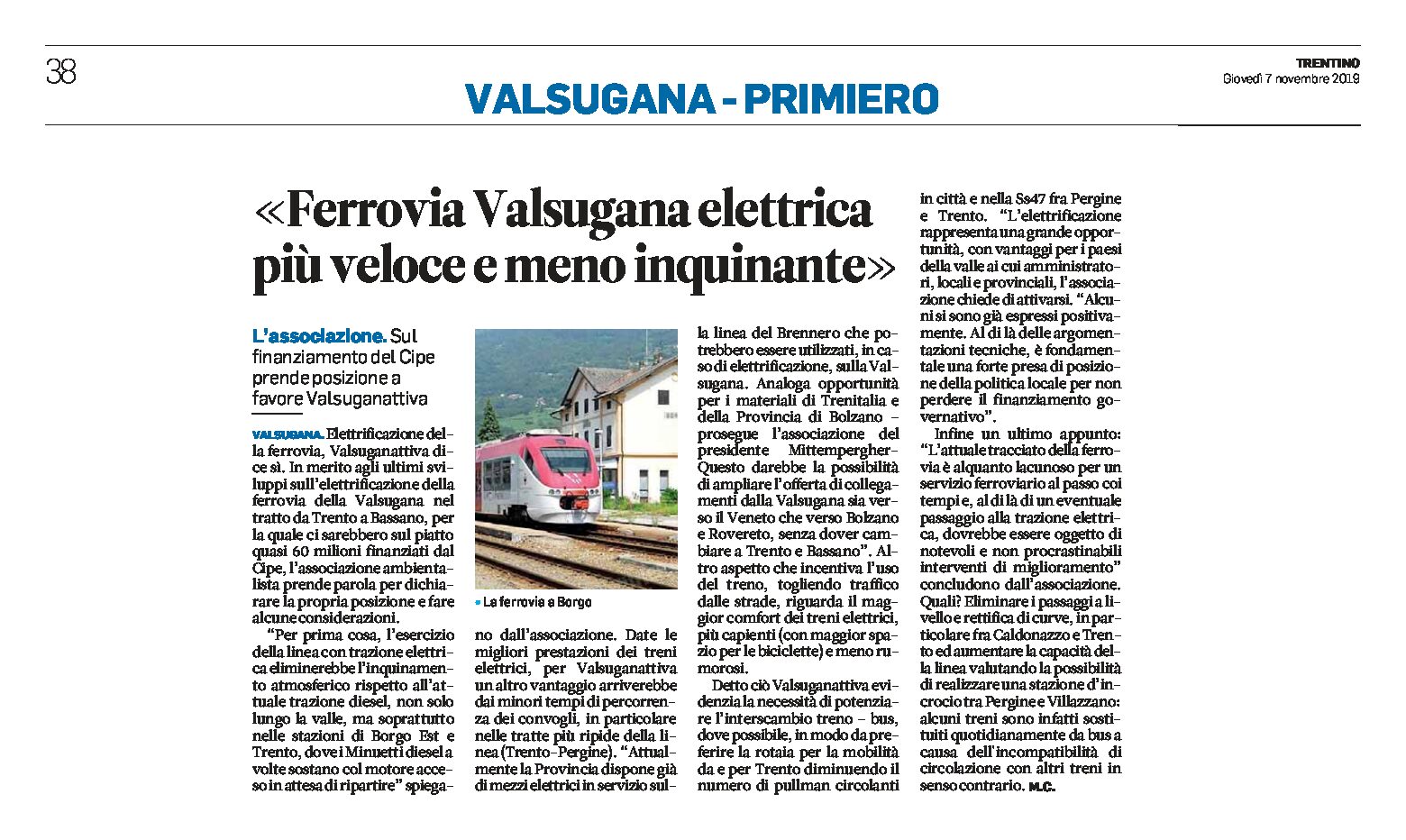 Valsugana: ferrovia elettrica più veloce e meno inquinante
