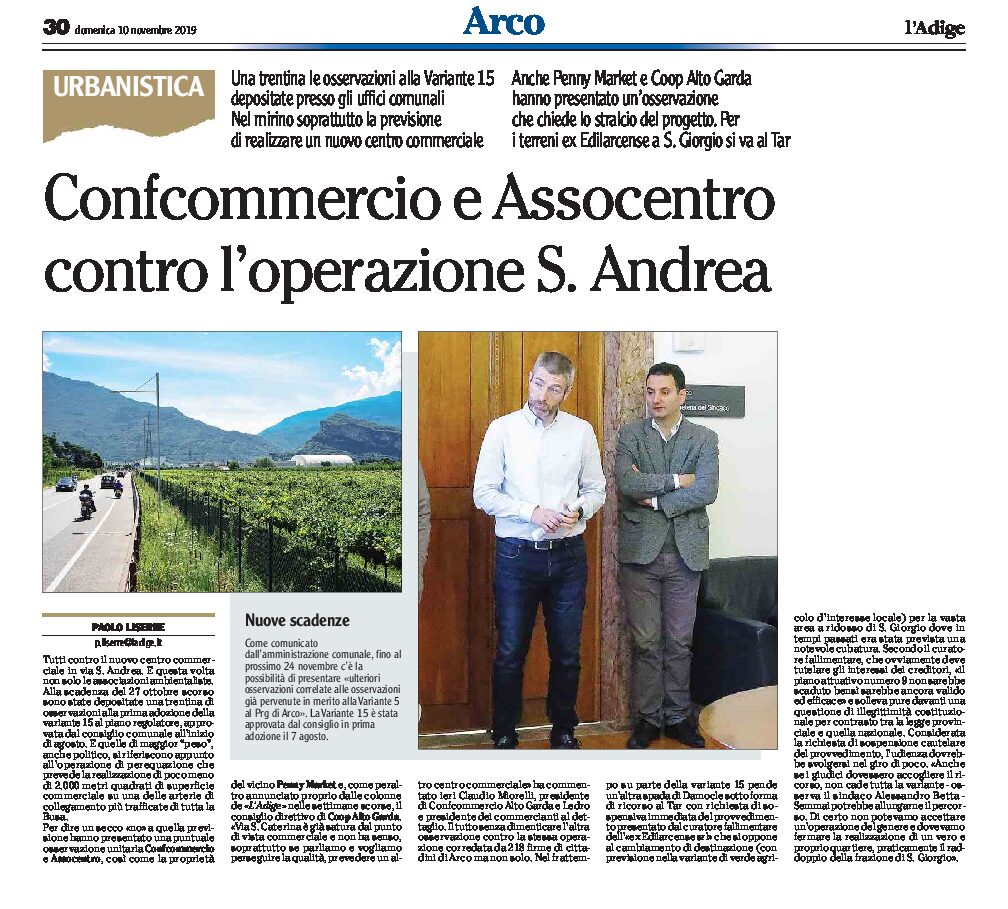 Arco: Confcommercio e Assocentro contro l’operazione S.Andrea