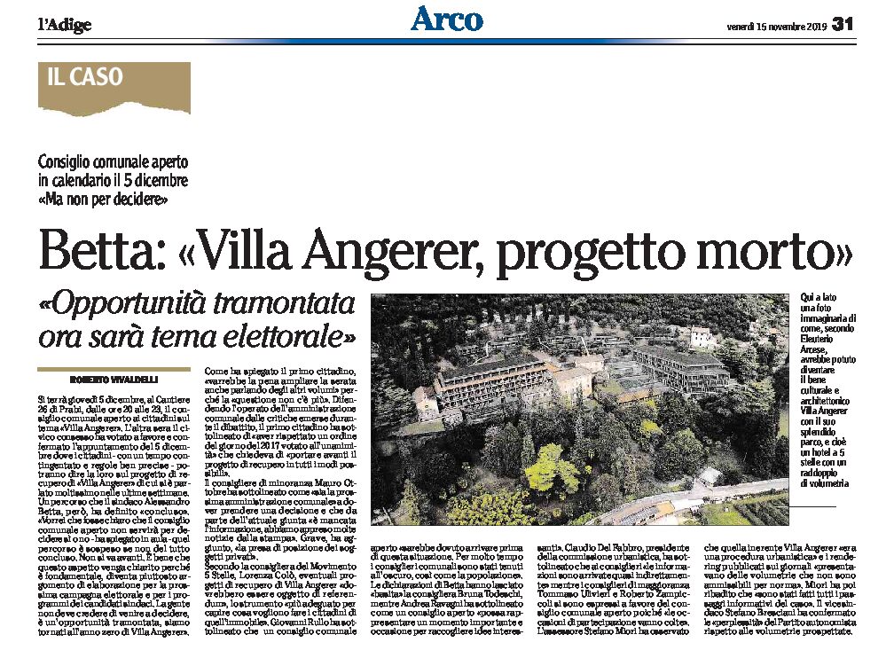 Arco, villa Angerer: Betta “progetto morto. Opportunità tramontata, ora sarà tema elettorale”