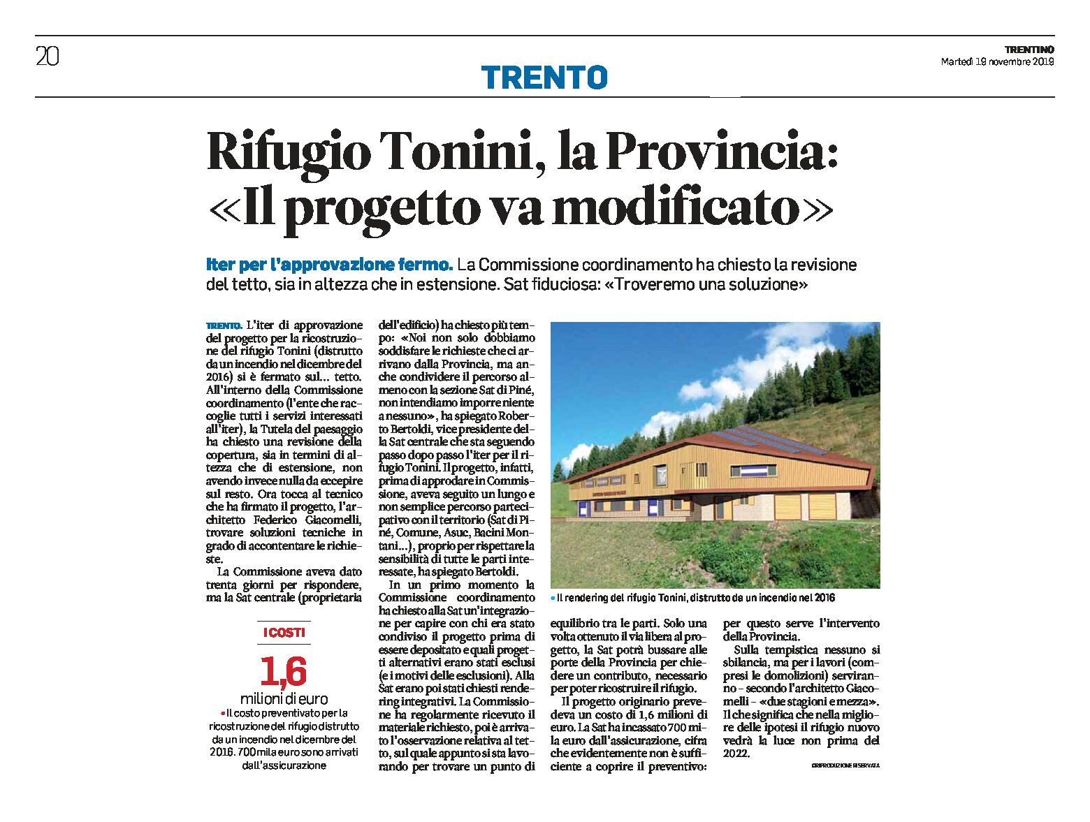Rifugio Tonini: la Provincia “il progetto va modificato”