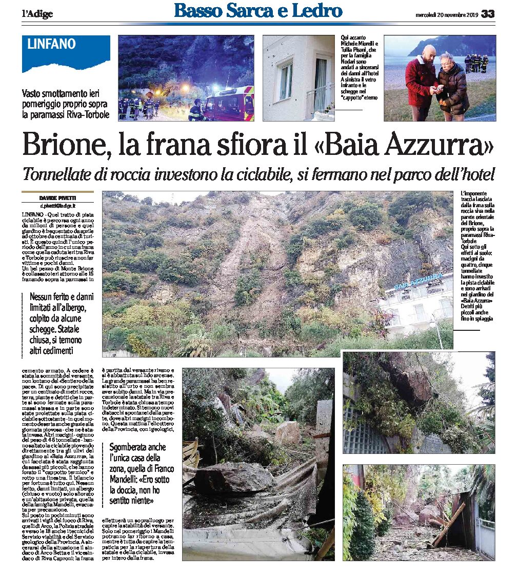 Linfano, monte Brione: la frana investe la ciclabile e si ferma nel parco dell’hotel Baia Azzurra