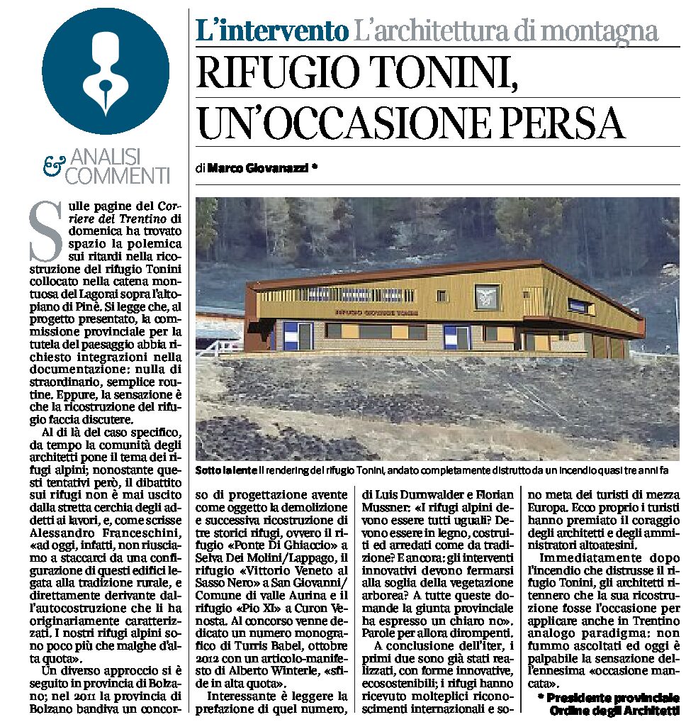 Rifugio Tonini: “un’occasione persa” lettera di Giovanazzi dell’Ordine degli architetti