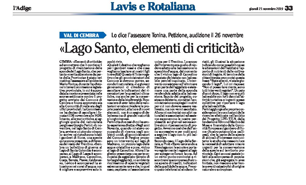 Lago Santo: per l’assessore Tonina il progetto di rivalutazione contiene “elementi di criticità”