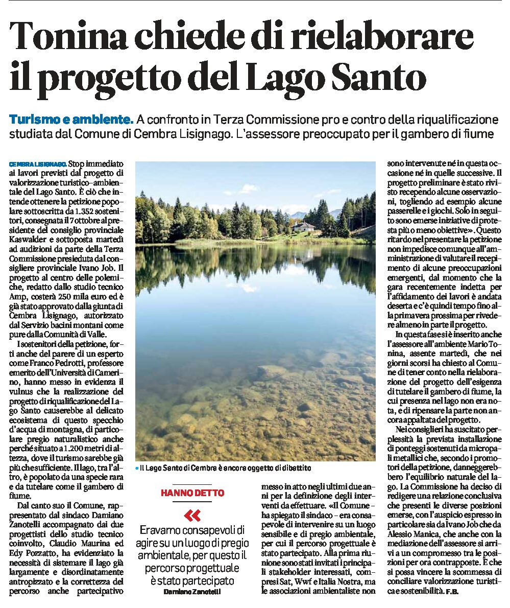 Lago Santo: Tonina chiede di rielaborare il progetto