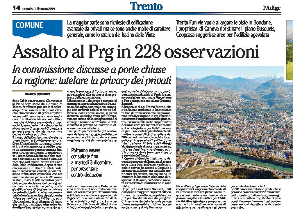 Trento, Prg variante: 228 osservazioni discusse a porte chiuse. Italia Nostra “rischio Frankenstein” per gli edifici storici
