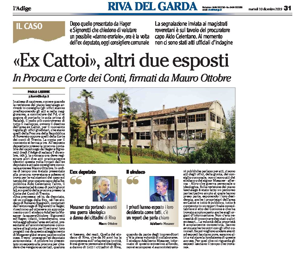 Riva, ex Cattoi: altri due esposti, firmati da Ottobre