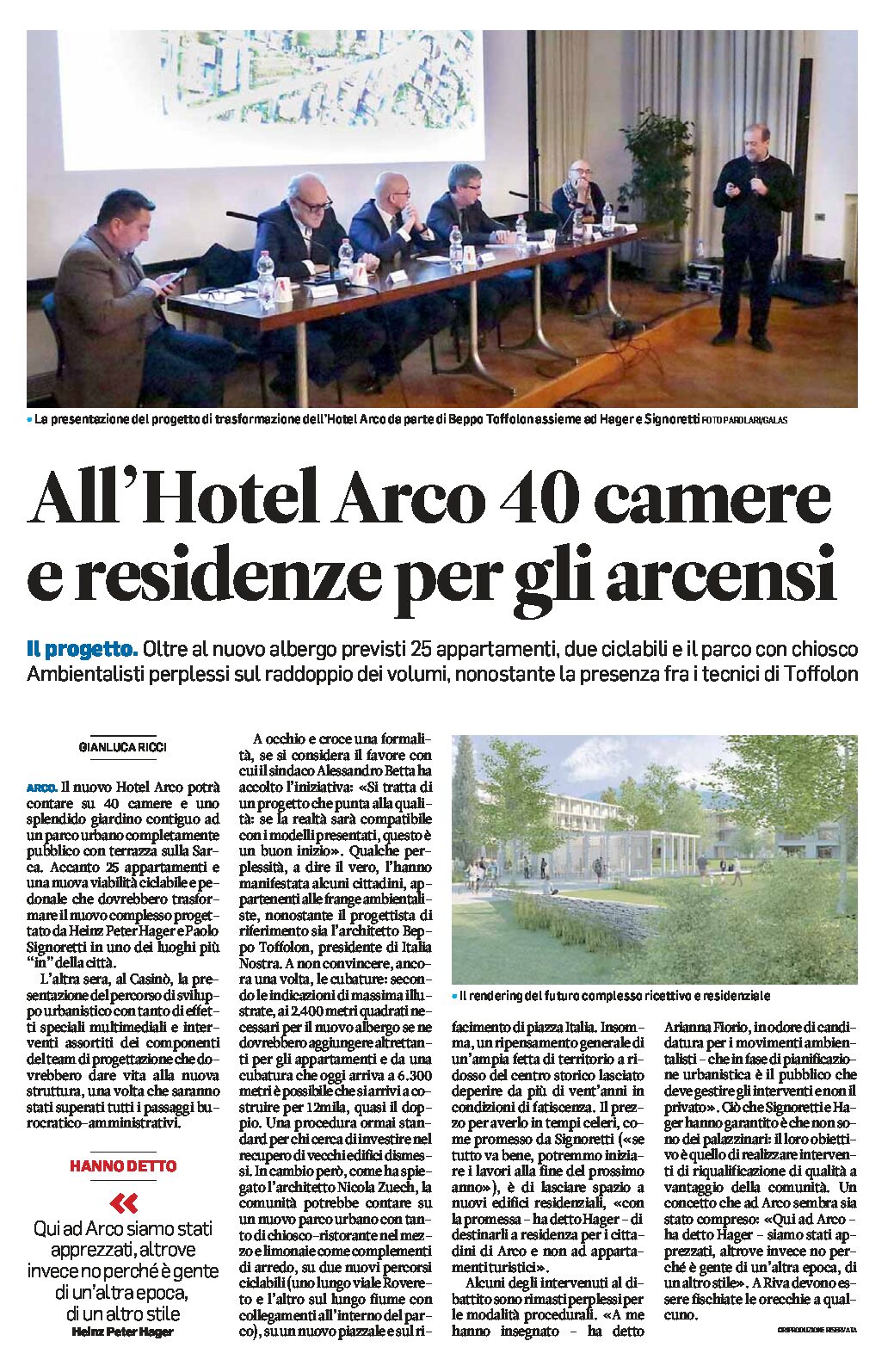 Arco, progetto Hotel Arco: 40 camere e residenze per gli arcensi, 2 ciclabili e parco pubblico
