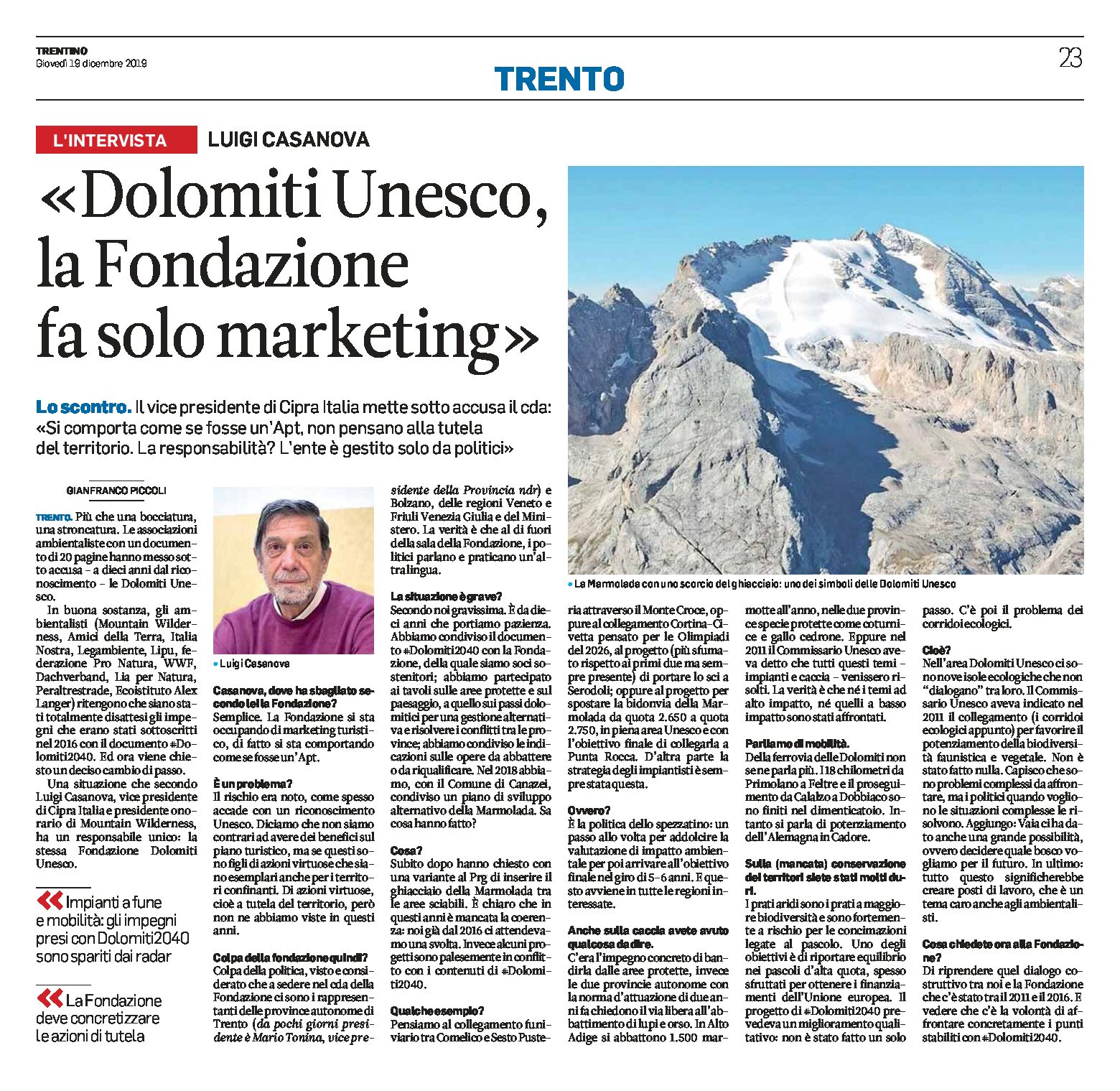 Dolomiti Unesco: intervista a Casanova “la Fondazione fa solo marketing”