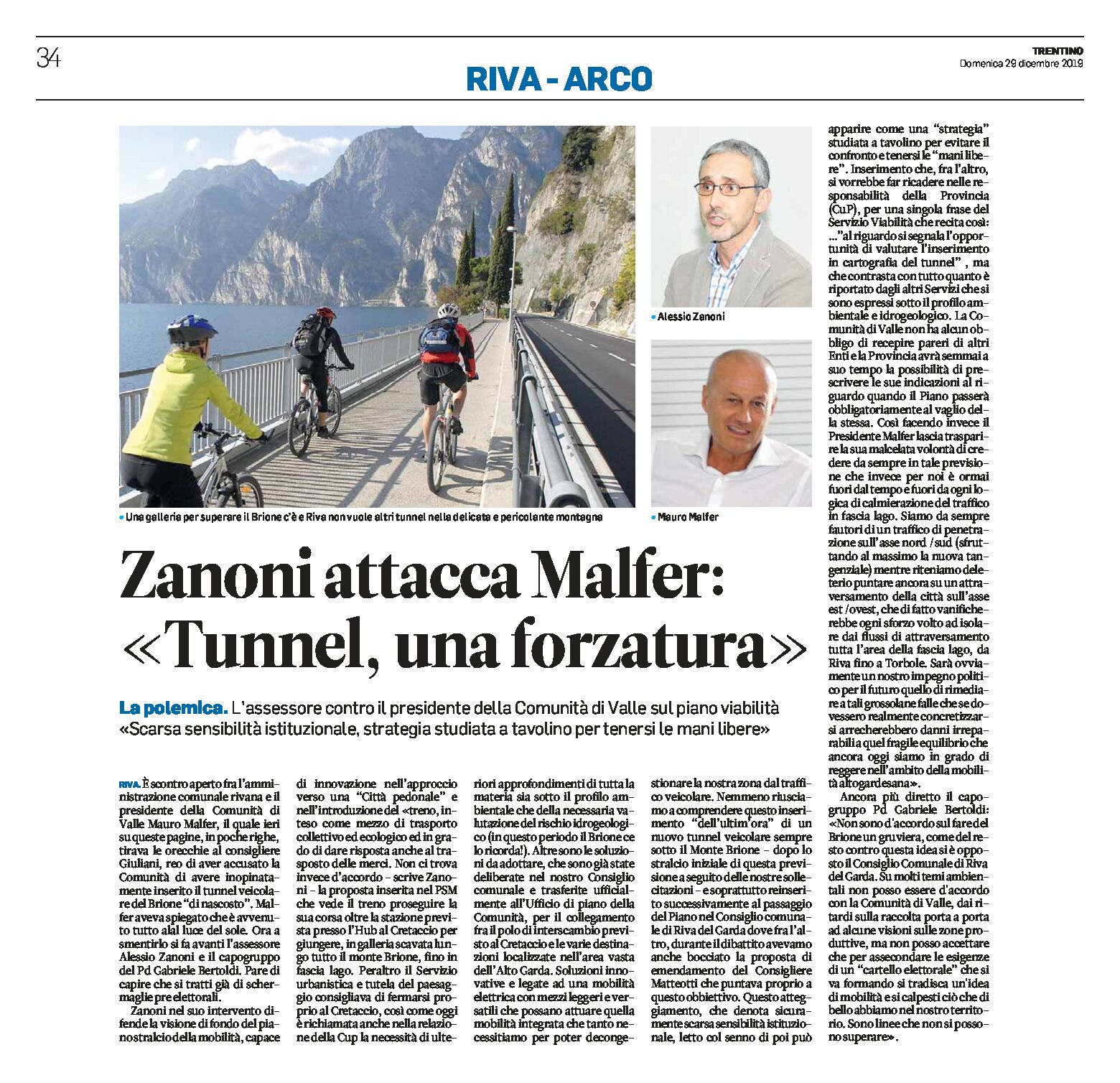 Riva, Brione: Zanoni attacca Malfer “tunnel, una forzatura”