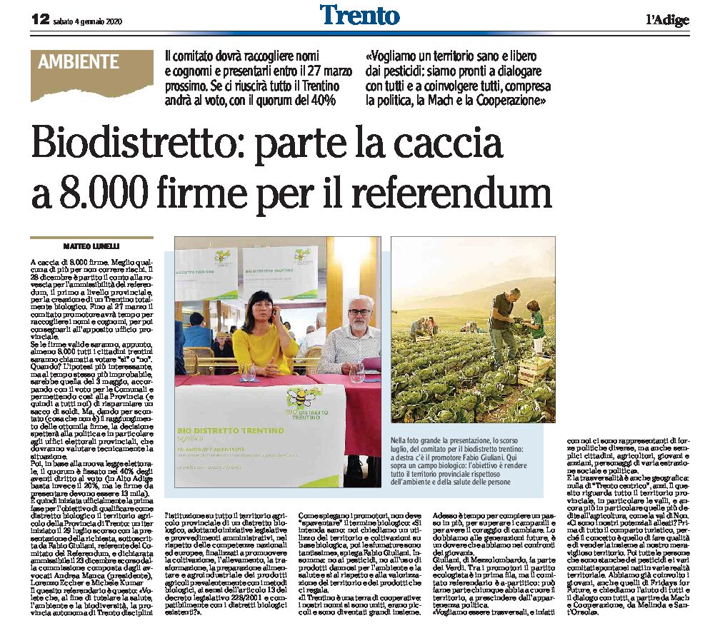 Trentino: biodistretto, parte la caccia a 8.000 firme per il referendum