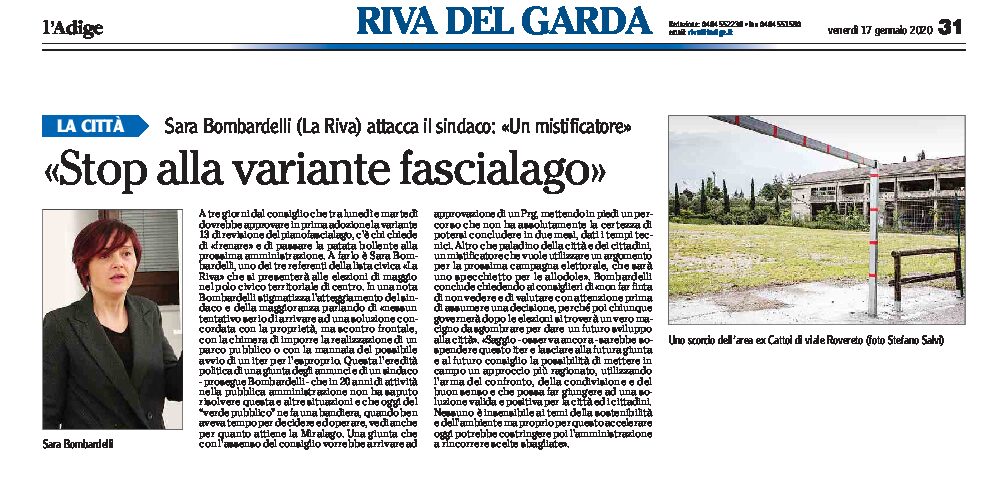 Riva, fascia lago: Bombardelli “stop alla variante 13”