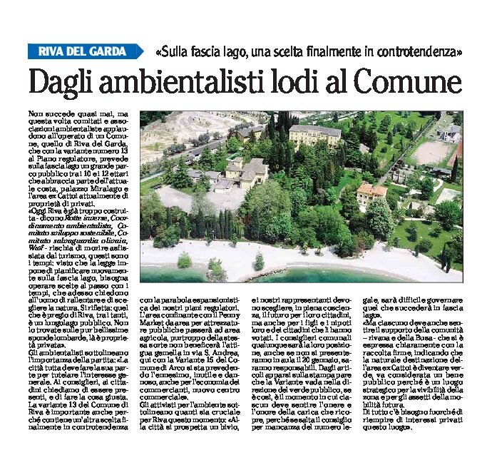 Riva, fascia lago: dagli ambientalisti lodi al Comune