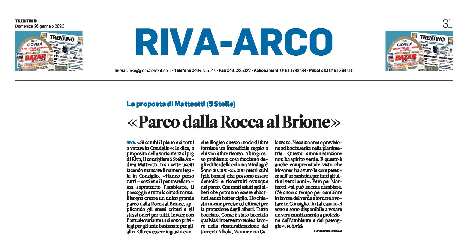 Riva, variante 13: proposta di Matteotti “Parco dalla Rocca al Brione”