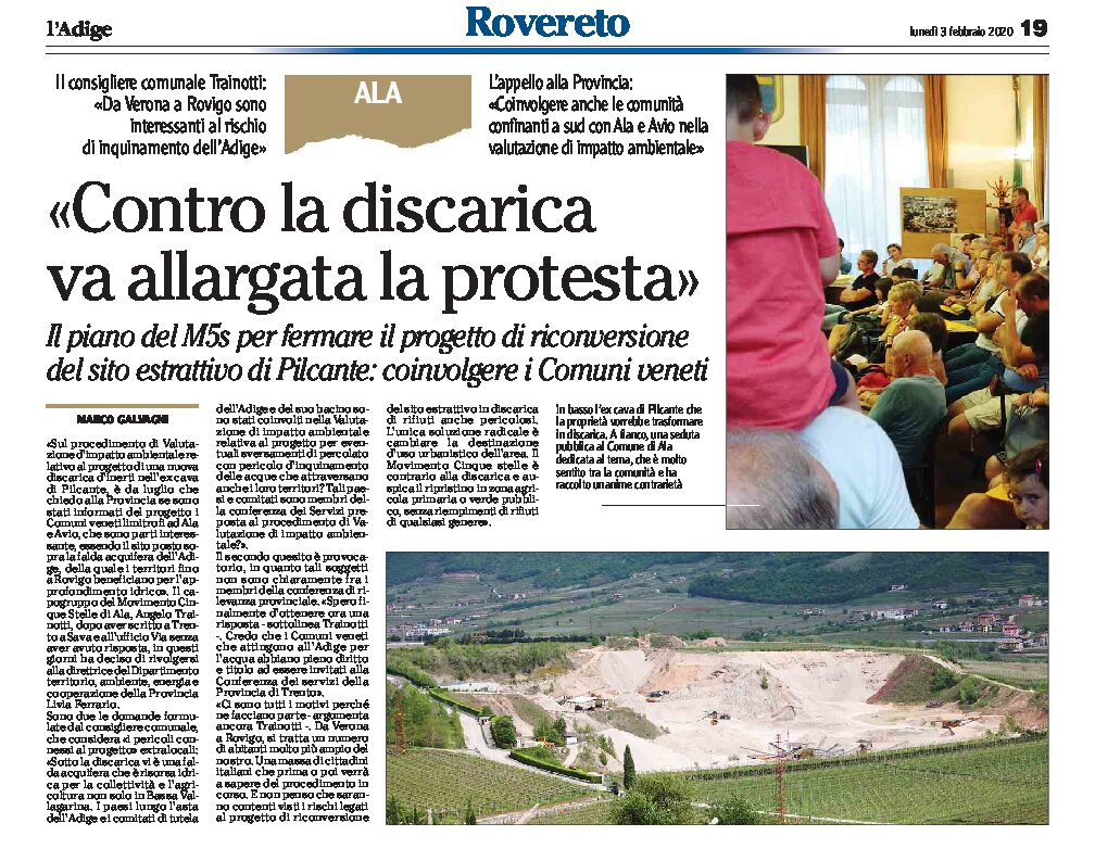 Ala, Pilcante: contro la discarica va allargata la protesta
