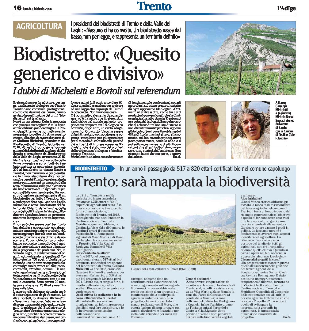 Trentino, biodistretto: i dubbi di Micheletti e Bortoli sul referendum “quesito generico e divisivo”