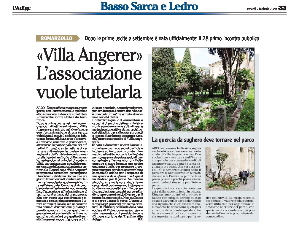 Arco, villa Angerer: l’Associazione tutela Romarzollo vuole tutelarla