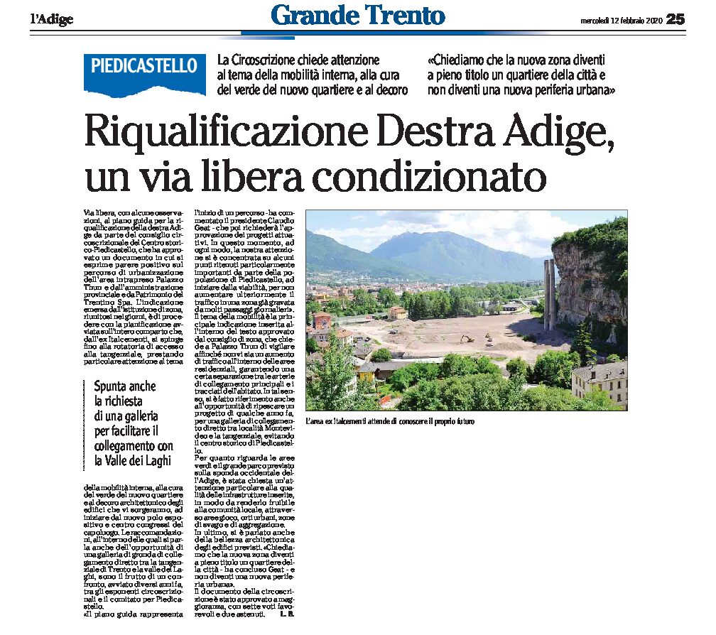 Trento, Piedicastello: riqualificazione della Destra Adige, la Circoscrizione dà un via libera condizionato