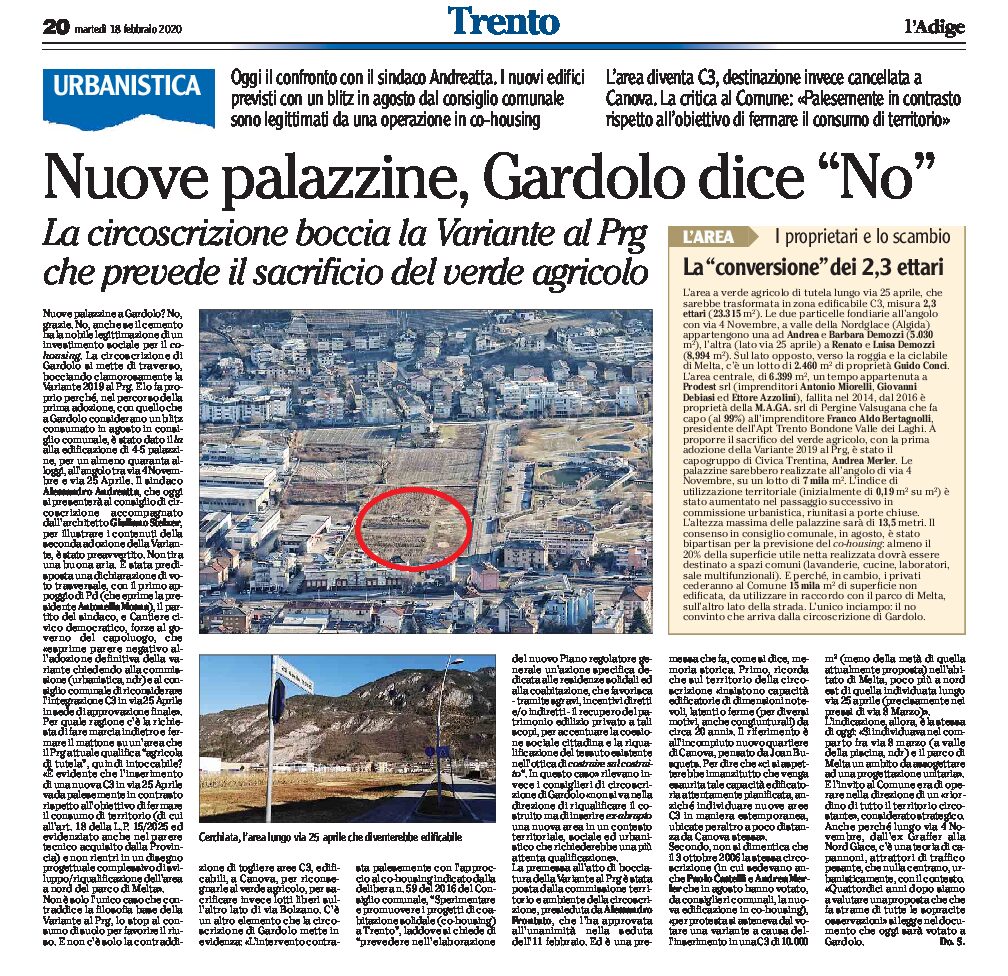 Trento: la circoscrizione di Gardolo dice “no” a nuove palazzine bocciando la Variante al Prg