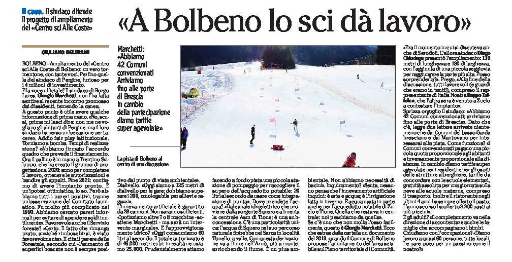 Bolbeno: il sindaco difende il progetto di ampliamento del Centro sci alle Coste “lo sci dà lavoro”