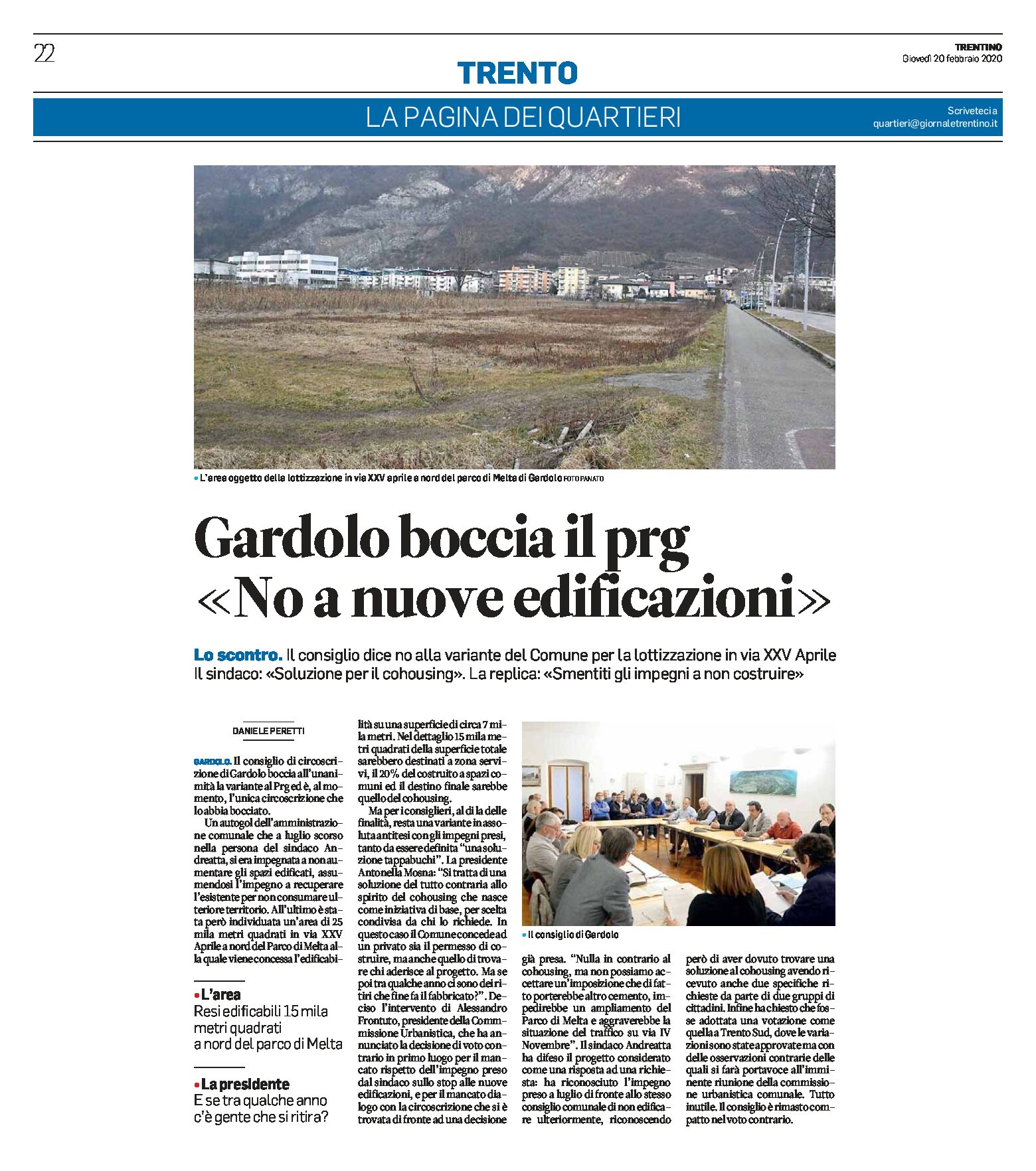 Trento: Gardolo boccia il Prg “no a nuove edificazioni”