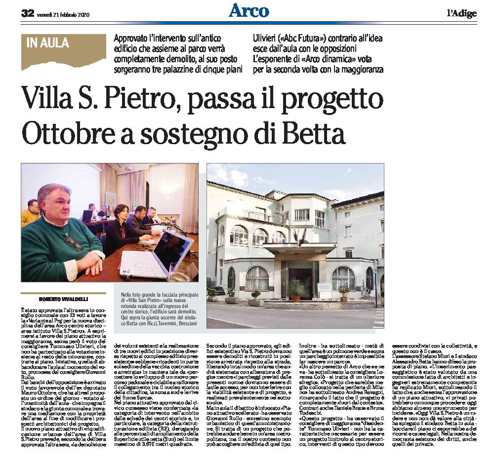 Arco, villa San Pietro: passa il progetto. Ottobre a sostegno di Betta