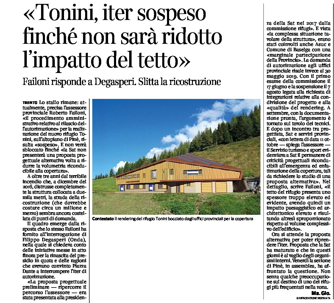 Rifugio Tonini: iter sospeso finché non sarà ridotto l’impatto del tetto