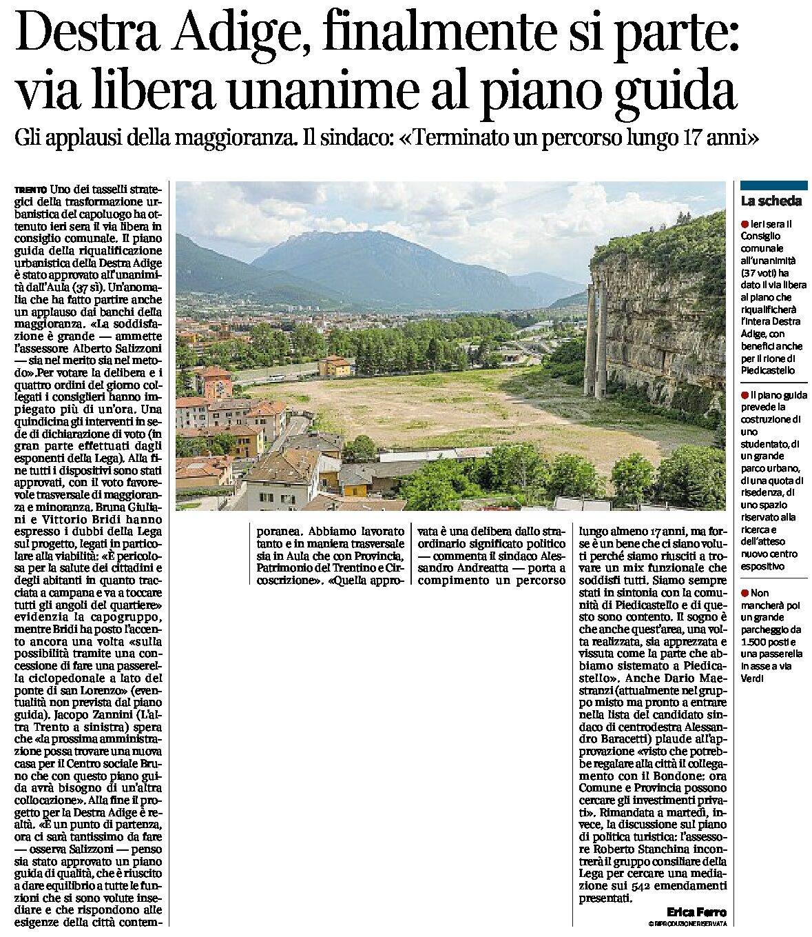 Trento, Destra Adige: finalmente si parte. Via libera unanime al piano guida