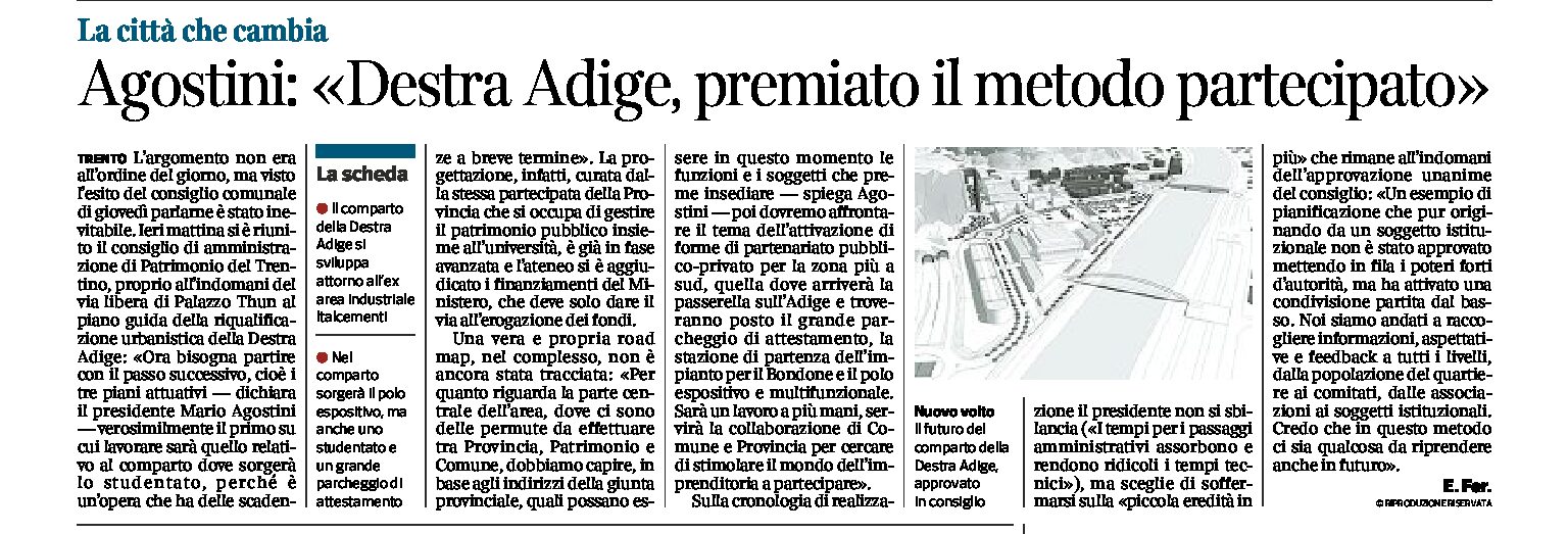 Trento, Destra Adige: Agostini “premiato il metodo partecipato”