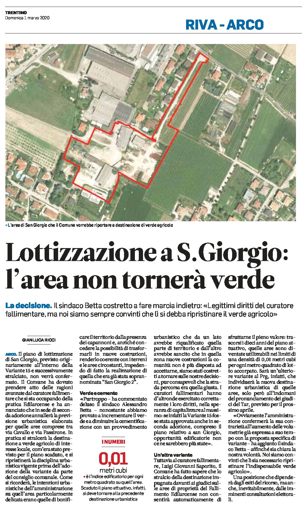 Arco, lottizzazione a San Giorgio: l’area non tornerà verde
