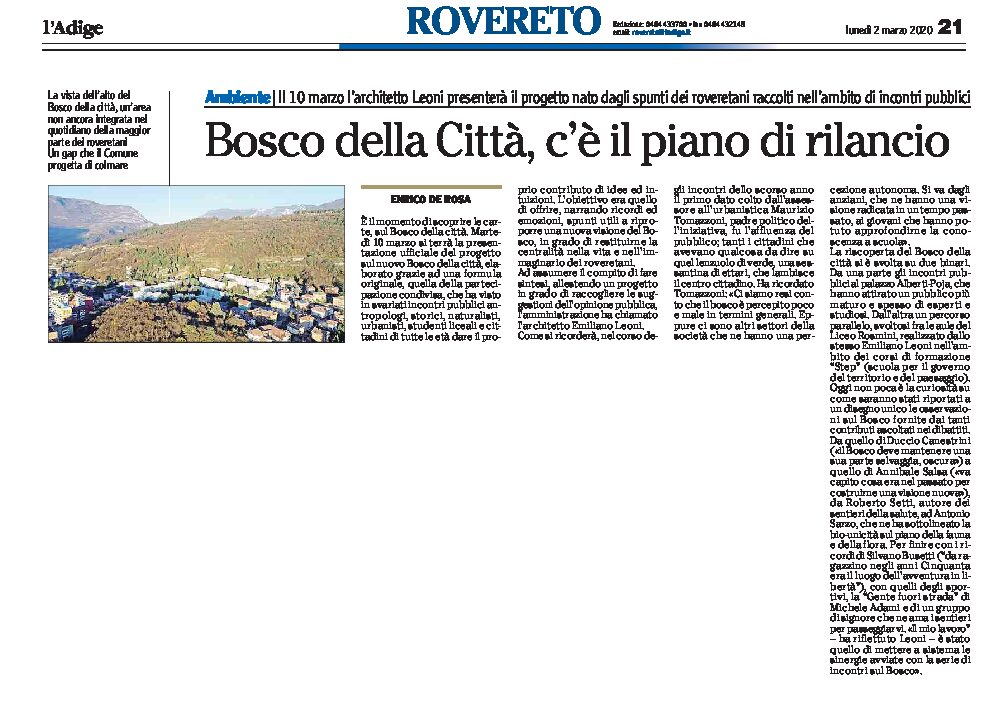 Rovereto, Bosco della città: il 10 marzo verrà presentato il piano di rilancio, nato da spunti raccolti in incontri pubblici