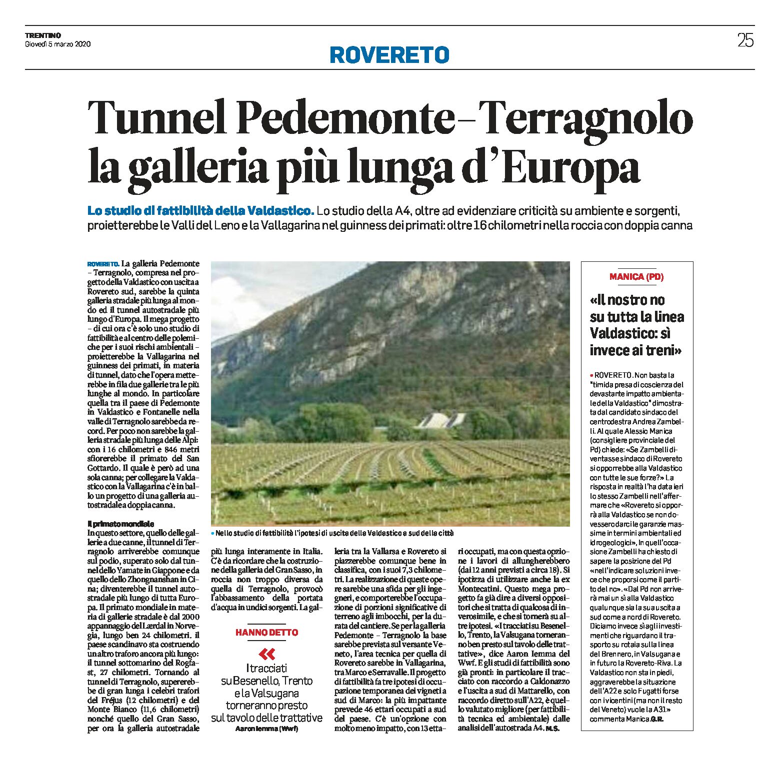 Valdastico: nello studio di fattibilità il tunnel Pedemonte-Terragnolo, la galleria più lunga d’Europa