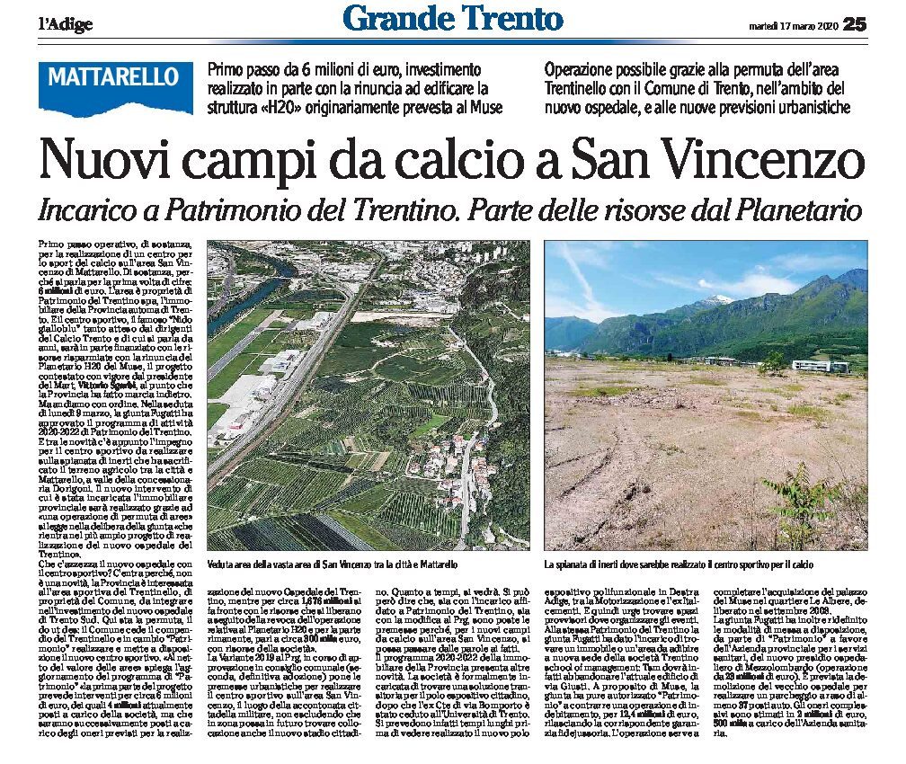 Mattarello: nuovi campi da calcio a San Vincenzo. Parte delle risorse dal Planetario
