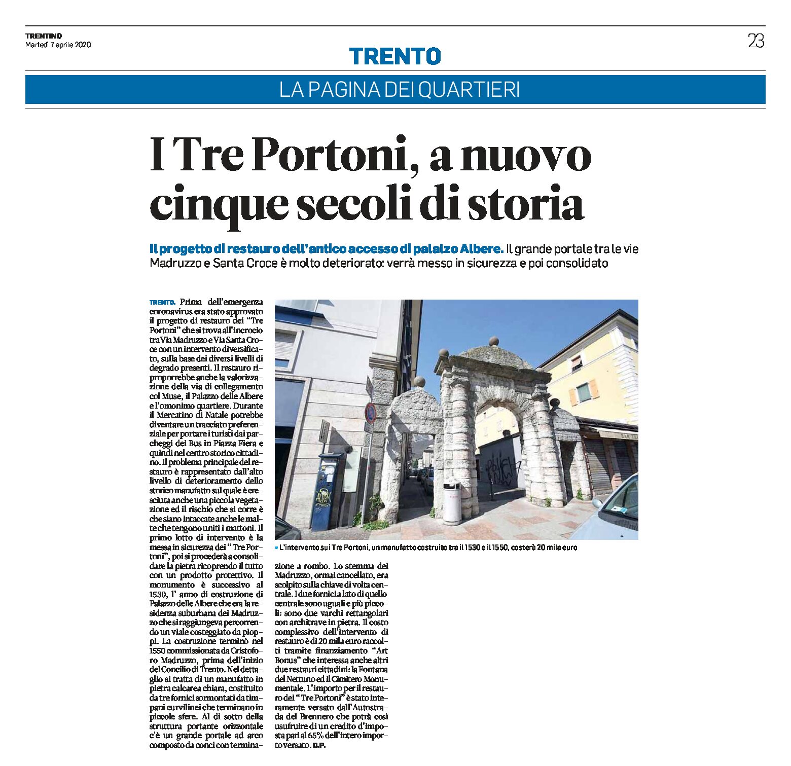 Trento, Tre Portoni: a nuovo cinque secoli di storia. Il grande portale verrà restaurato