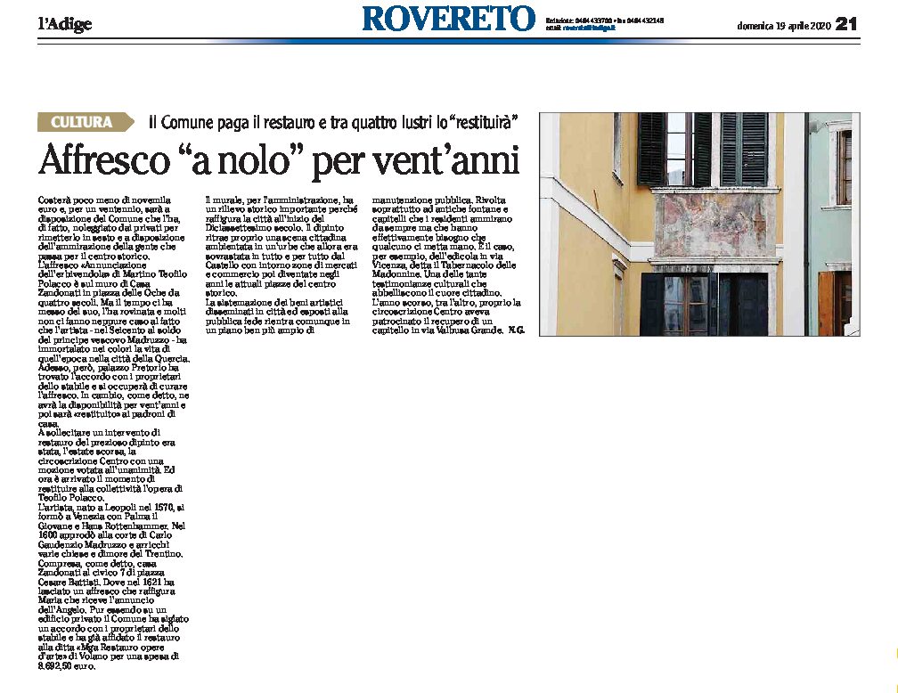 Rovereto, Casa Zandonati: affresco di Teofilo Polacco “a nolo” per vent’anni